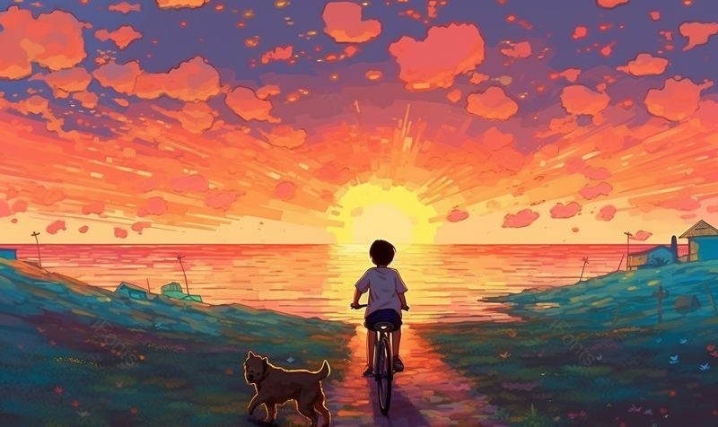 傍晚下海边骑自行车的男孩手绘插画背景图,插画/手绘图,插画/手绘图库,插画/手绘图下载,插画/手绘